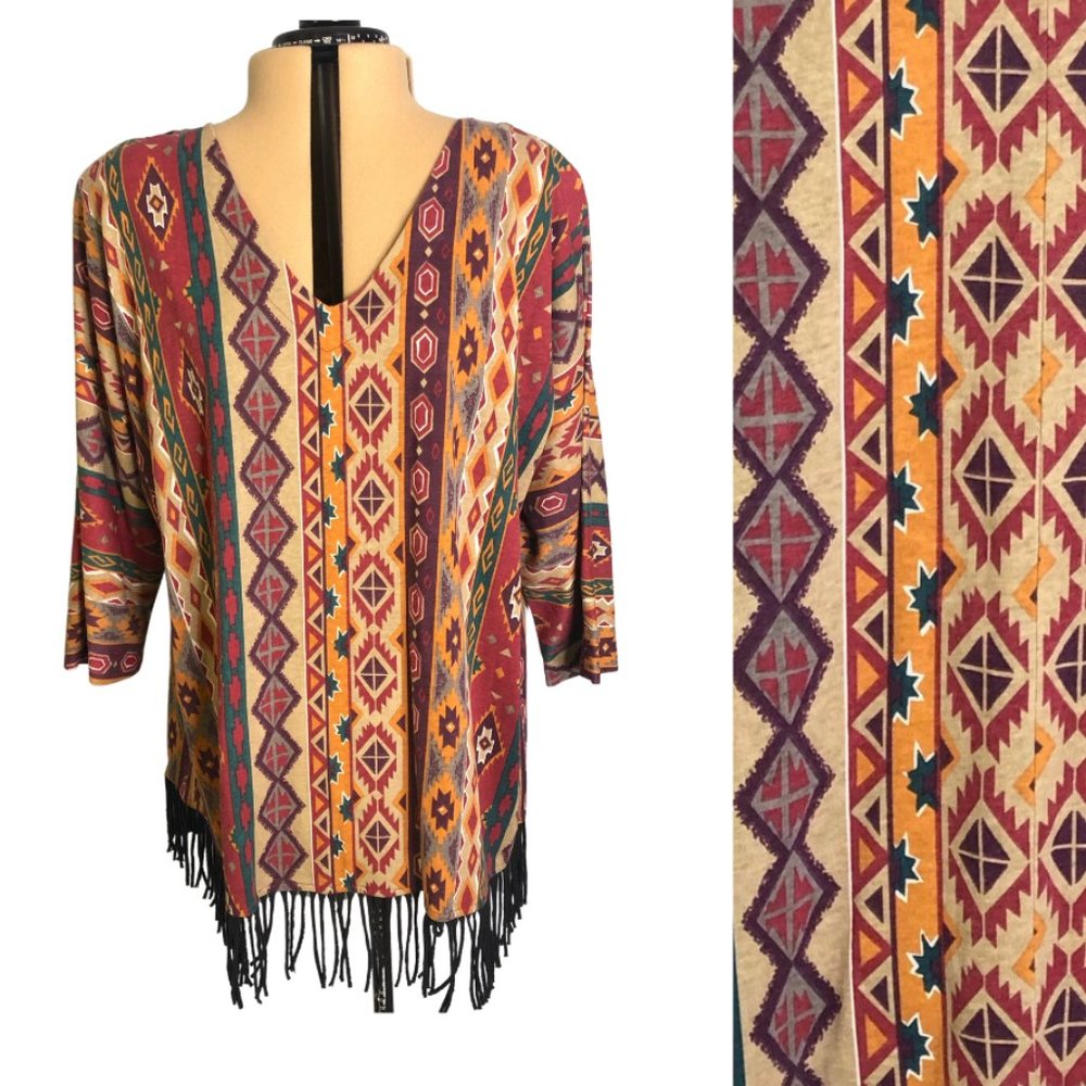 Vintage 90's Southwestern Fringe Tunic V-Neck 2X - Picture 1 of 9